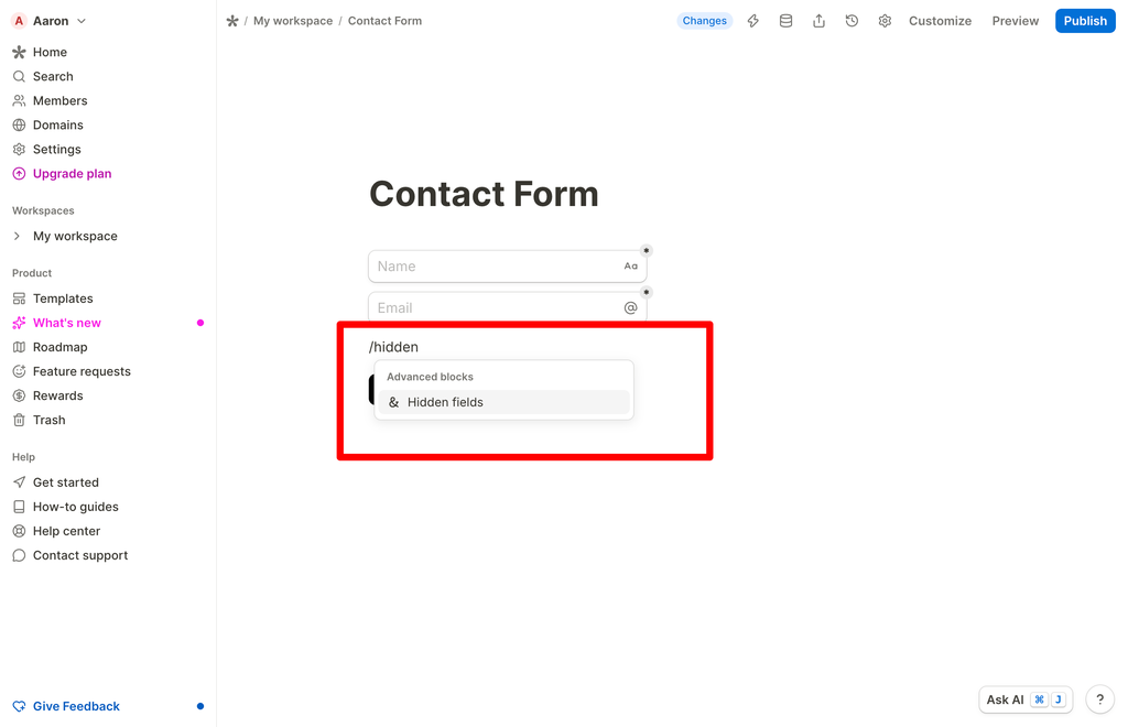 Typing /hidden into the Tally form editor, showing the Hidden fields option in the dropdown