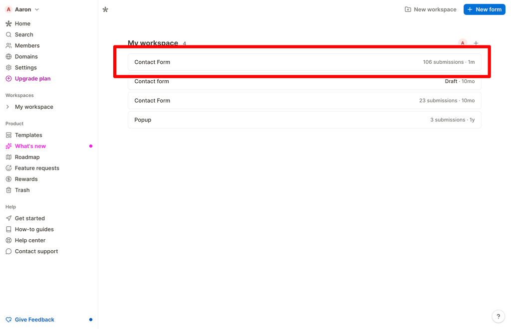 The Tally Forms home page, with a form in the workspace list highlighted