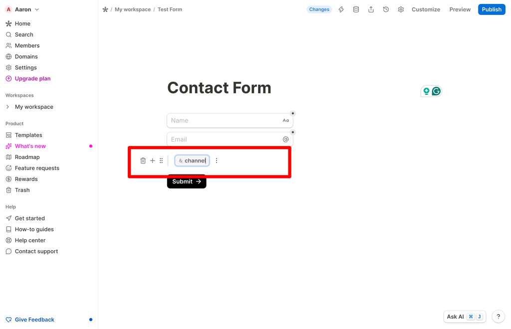 Naming the new hidden field 'channel' in the Tally form editor