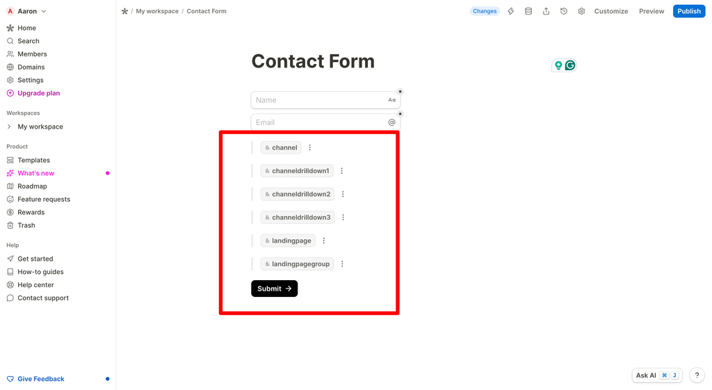 A Tally form with all six Attributer hidden fields added