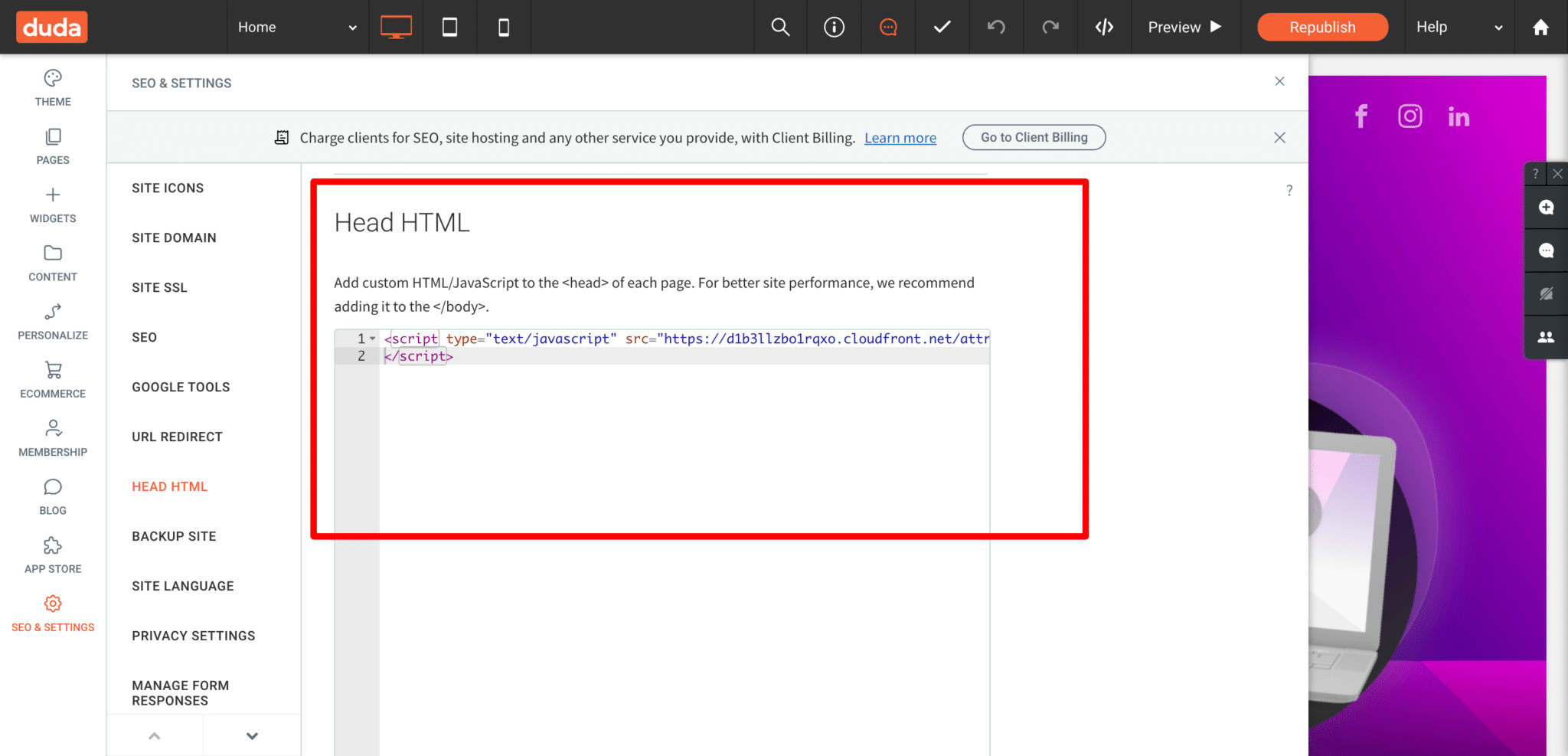 Add code to your Duda website | Attributer