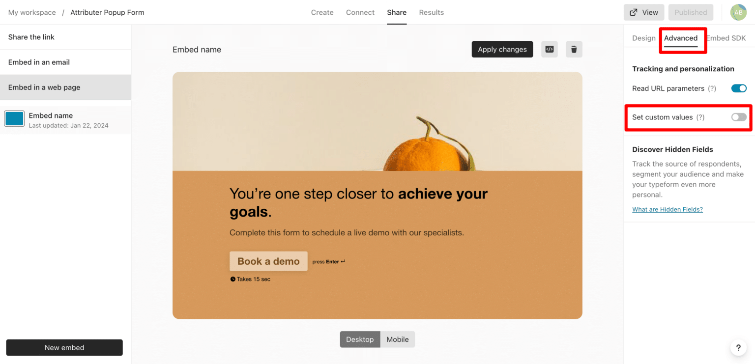 Setup Attributer with Typeform's 'Full-page' embed option | Attributer