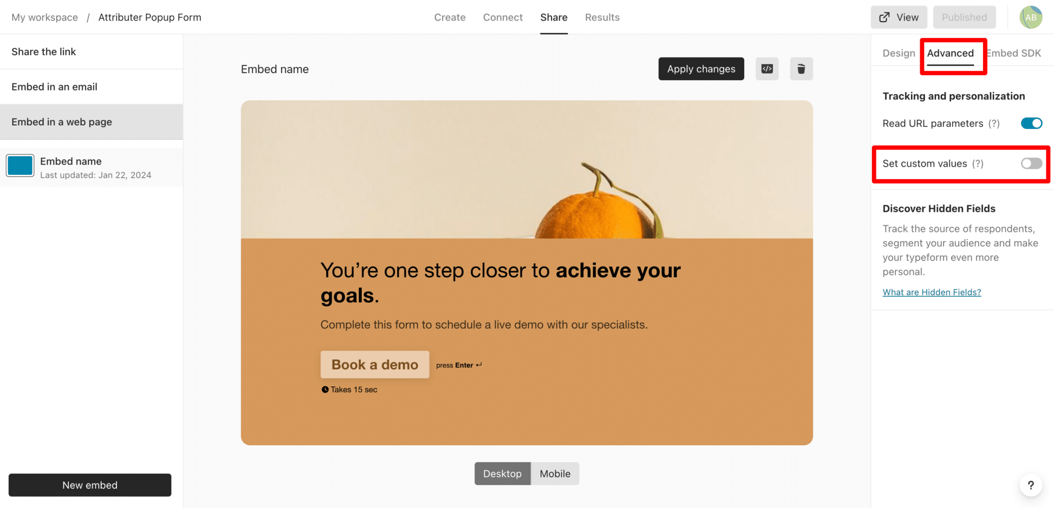 Setup Attributer with Typeform's 'Full-page' embed option | Attributer