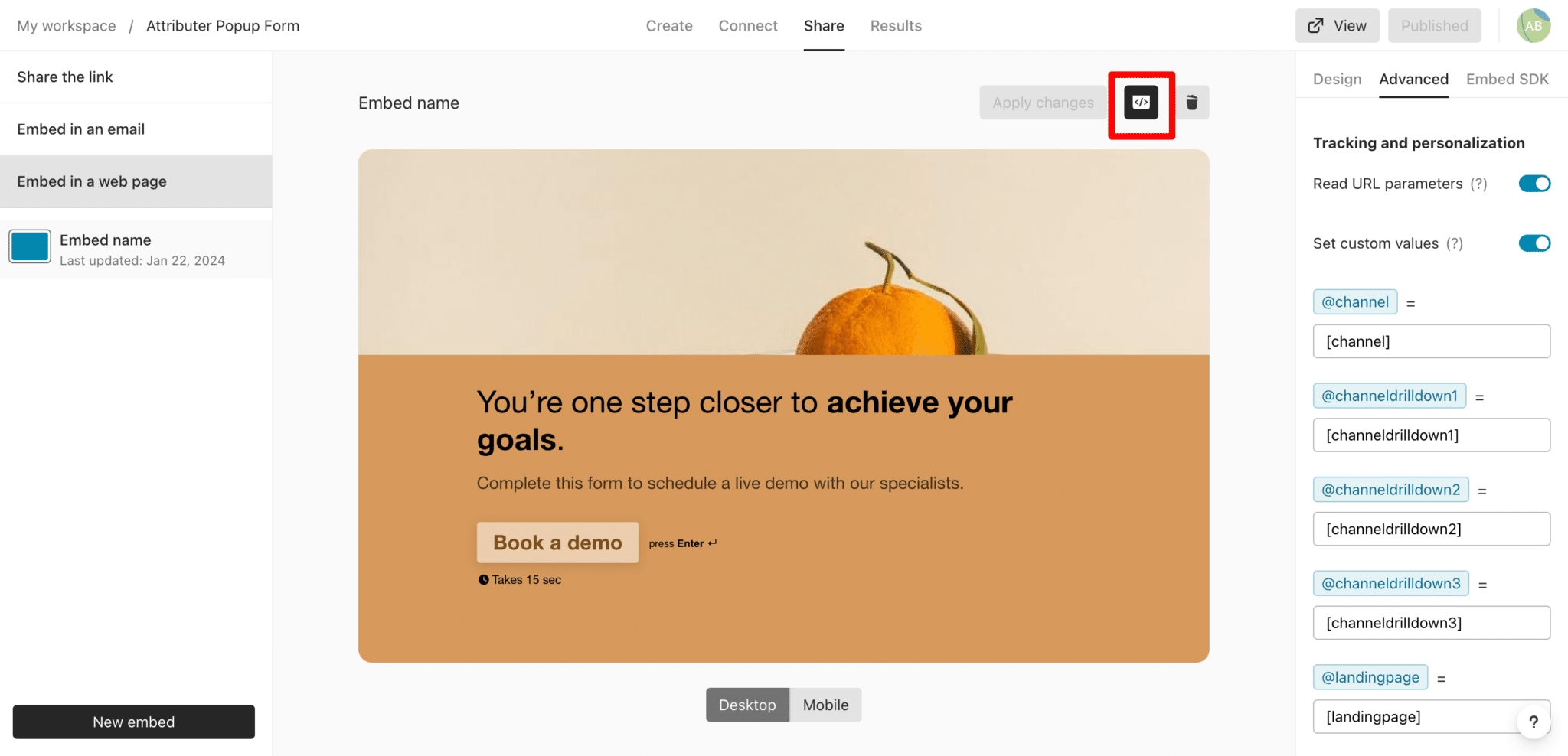 Setup Attributer with Typeform's 'Full-page' embed option | Attributer