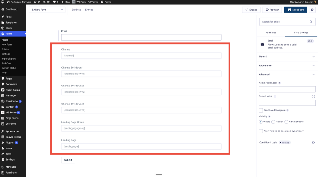 A Gravity Form with the six Attributer hidden fields added below the Email field