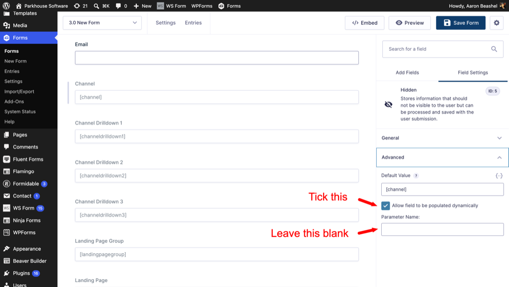 The Advanced tab of a Gravity Forms hidden field, with the ‘Allow field to be populated dynamically’ checkbox ticked and the Parameter Name box left blank
