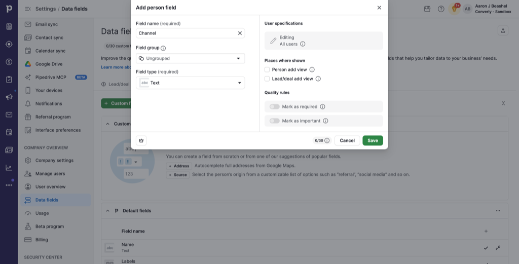 The ’Add custom field’ dialog