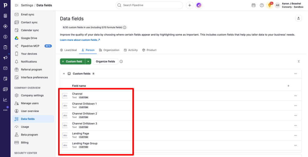 The finished list of six custom fields on the Person object