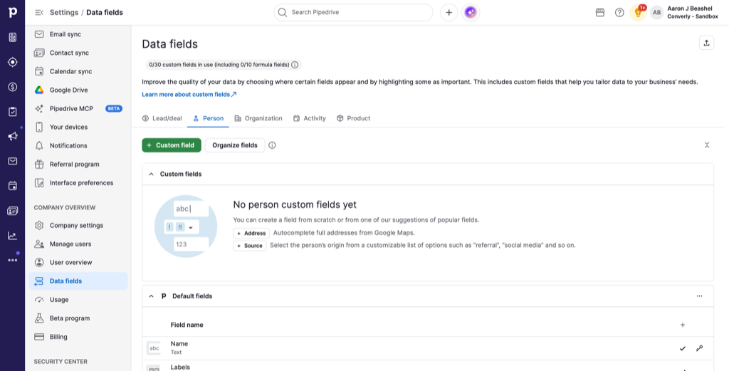 The Data fields section with the Person tab selected