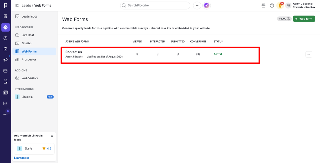 The Web forms list with a form being selected