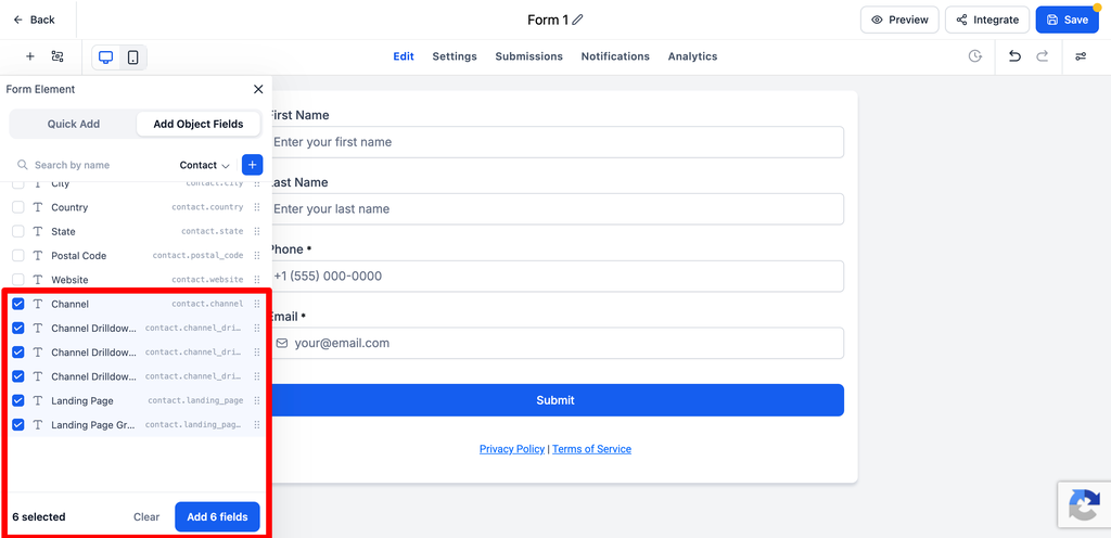 The six Attributer fields ticked in the Add Object Fields tab, with the Add 6 fields button highlighted