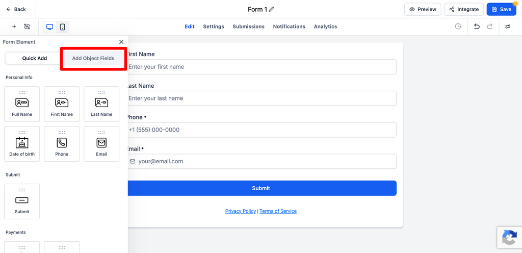 The GoHighLevel form builder, with the Add Object Fields tab highlighted in the Form Element panel