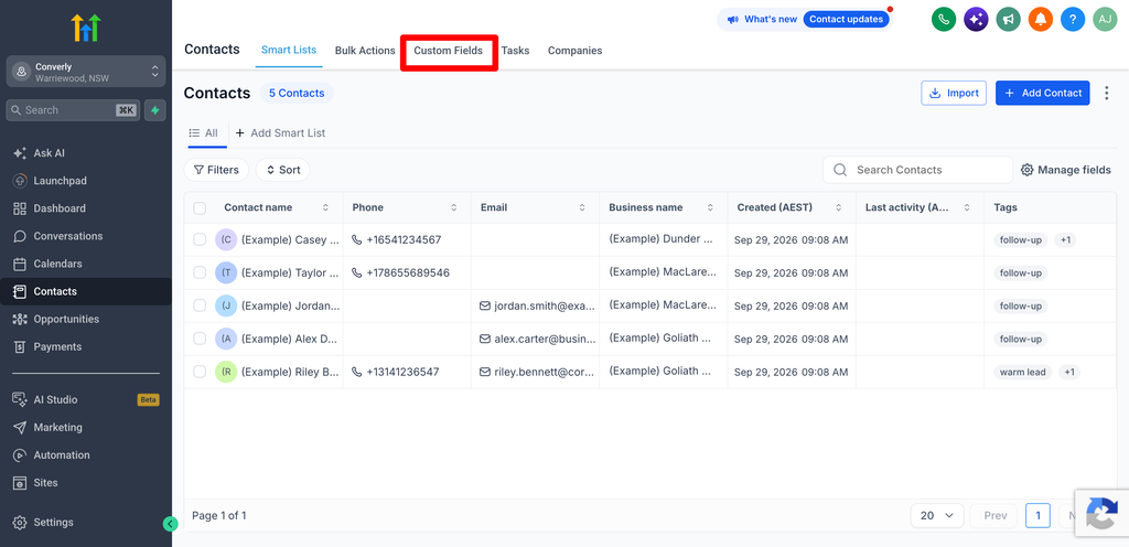 The GoHighLevel Contacts page, with the Custom Fields tab highlighted