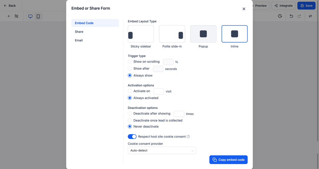 The Embed or Share Form popup in GoHighLevel, with the Copy embed code button