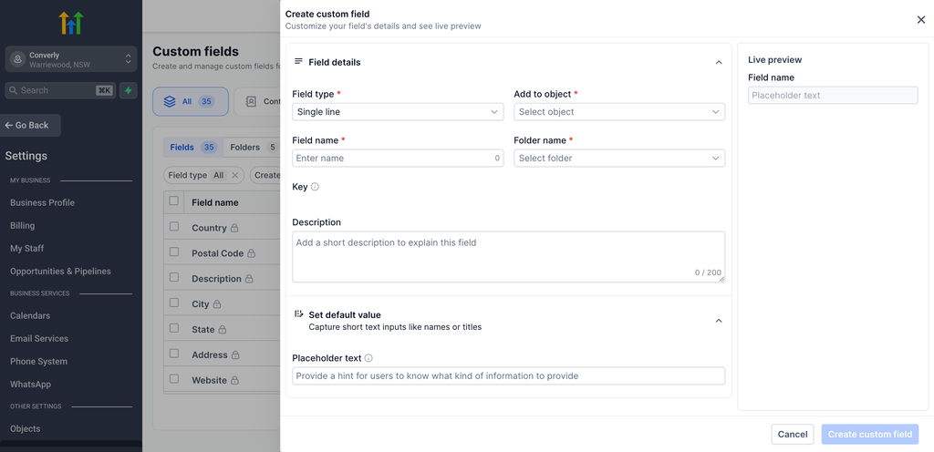 The Create custom field panel in GoHighLevel