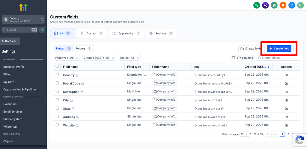 The GoHighLevel Custom fields page, with the Create field button highlighted